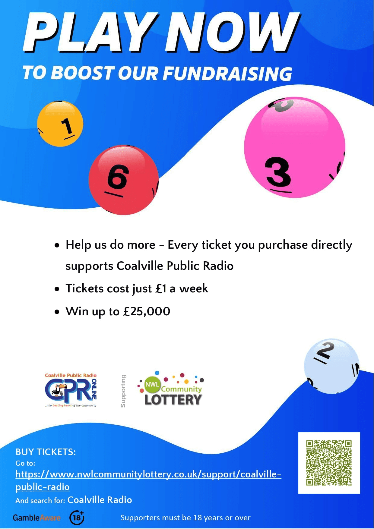 NWL Community Lottery promotional poster — Play Now to boost CPR fundraising, tickets £1 a week, win up to £25,000